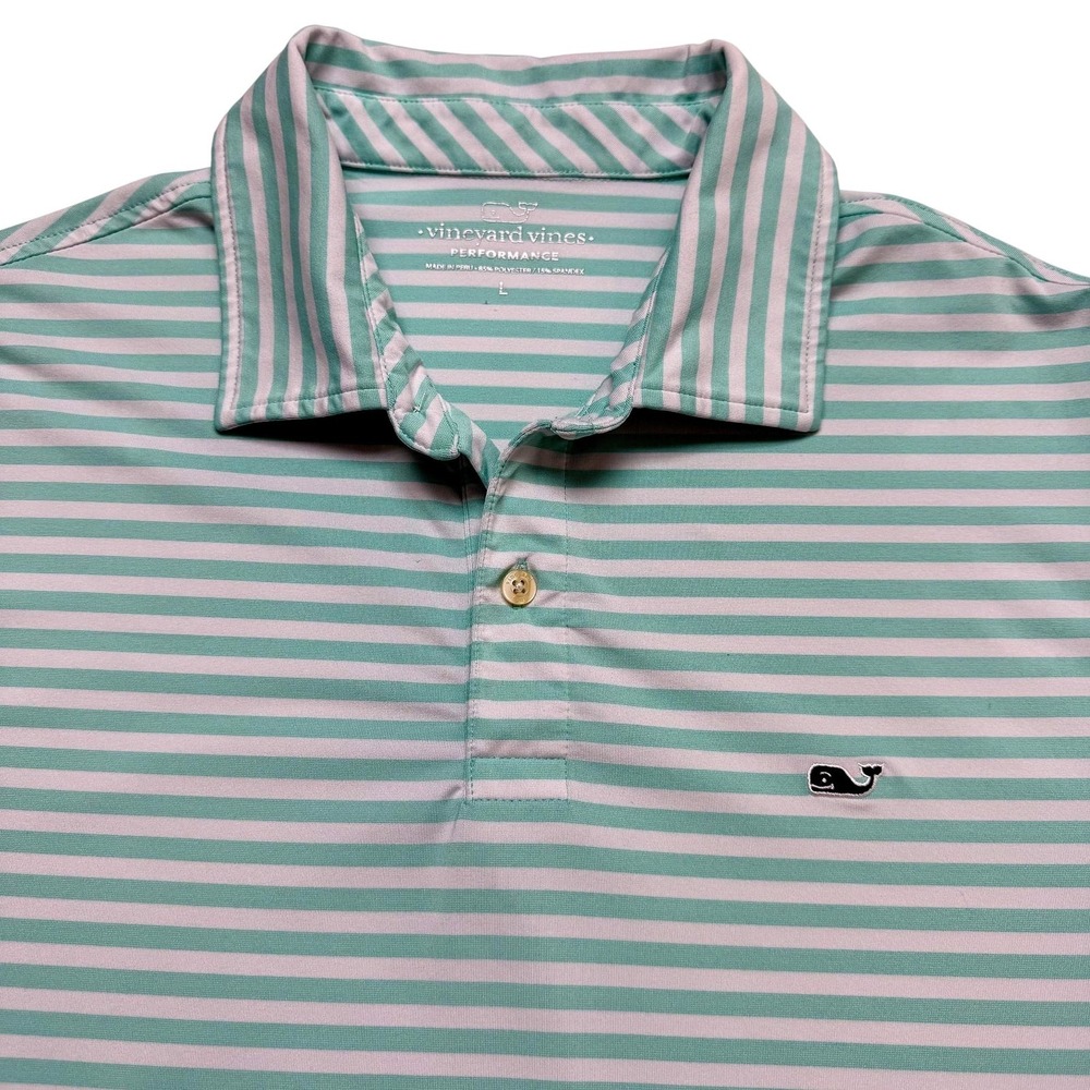 Vineyard Vines Polo Shirt Mens Large‎ Green Stripe Performance Golf Stretch Top